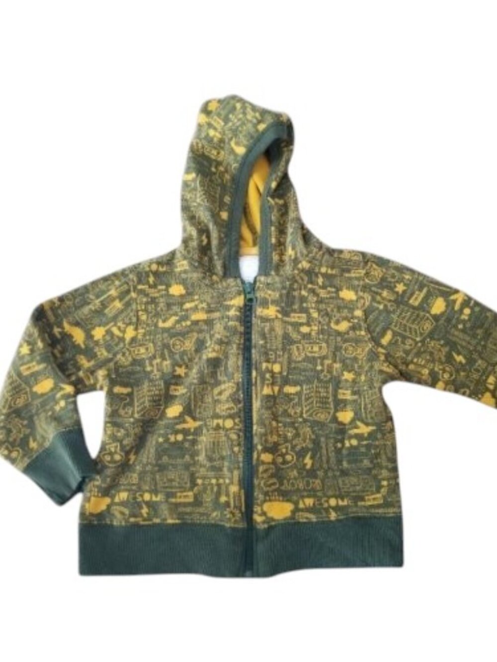 OLD NAVY Green and Yellow Little Boy Print Zip Front Hooded Sweatshirt Boys 3T